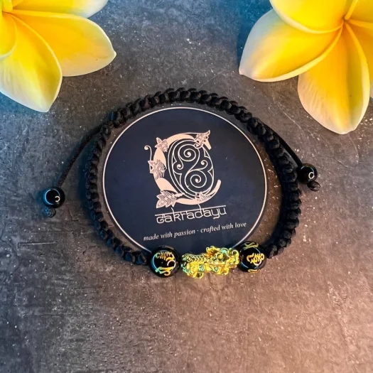 Dragon Charm Bracelet with Tibetan Onyx Mantra Stone – Handmade