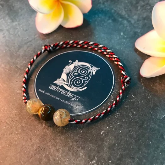 Tiger Eye Tridatu Bracelet with 2pcs Sedana Hair: Handcrafted Balinese Jewelry