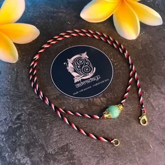 Tridatu Giok Jade Bead Gemstone Necklace with Gold Flower Bali Design