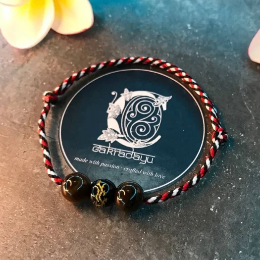 Black Onyx Carved Dragon Gold Tiger Eye Tridatu Bracelet from Bali