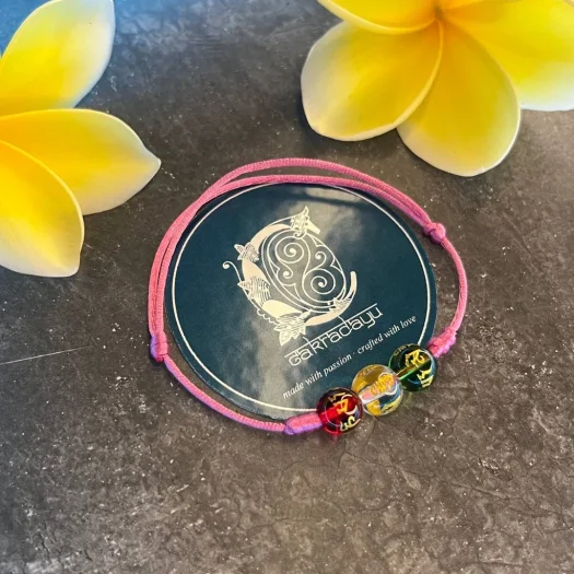 Three Crystal Mantra Tibet Bracelet for Safety and Protection with Pink Cord