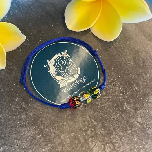 Tibetan Three Crystal Mantra Bracelet for Safety and Protection with Blue Cord