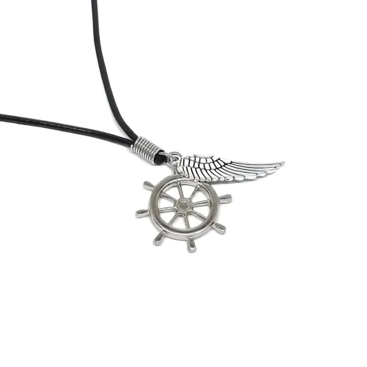 Men’s Cord Necklace With Steering Wheel & Feather Pendant