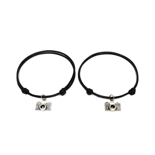 Black Plain Leather Korean Style Couple Charm Camera Bracelet