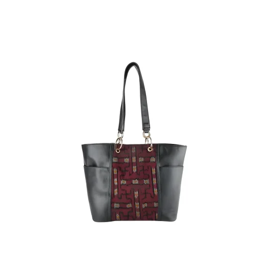 Mithlabs Stripes Large Synthetic Leather Tote Bag with Woven/Batik Fabric Design