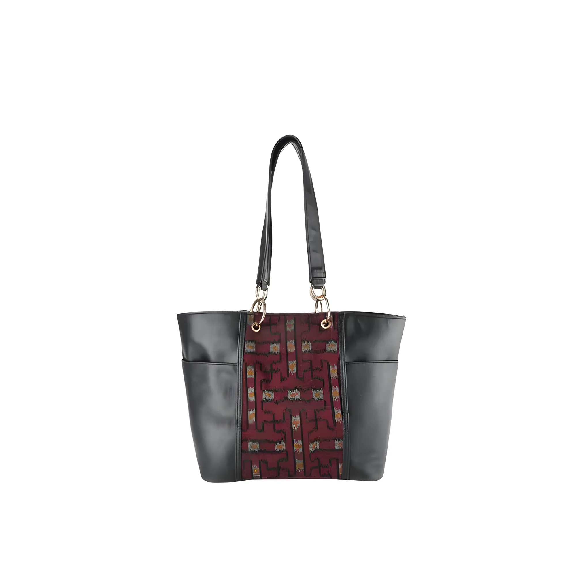 Mithlabs Stripes Large Synthetic Leather Tote Bag with Woven/Batik Fabric Design