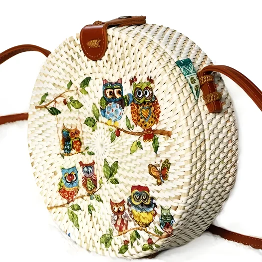 Bali Handcrafted Round Rattan Bag with Decorative Owl, Decoupage Art, 20 cm Diameter