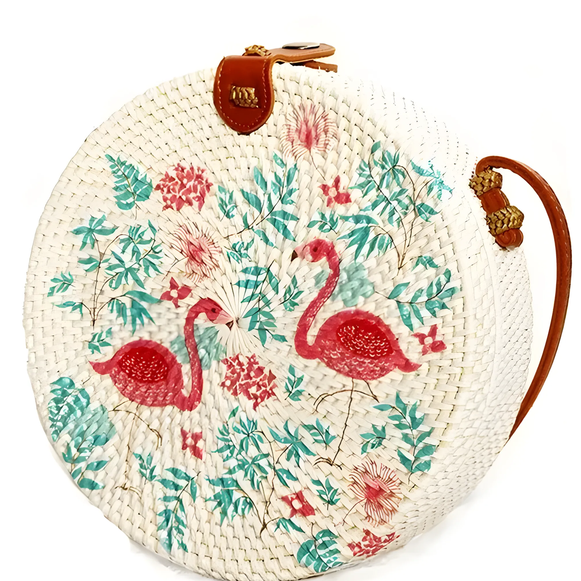 Bali Handcrafted Flamingo Design Rattan Bag, 20 cm Diameter