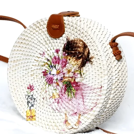 Bali Hand-Painted Round Rattan Bag, Girl with Flower, Decoupage Art, 20 cm Diameter
