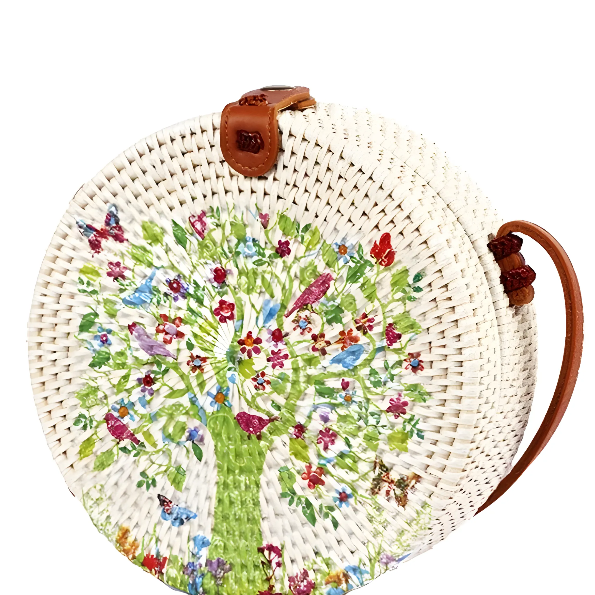 Bali Round Rattan Bag with Hand-Painted Decorative Floral Design, 20 cm Diameter