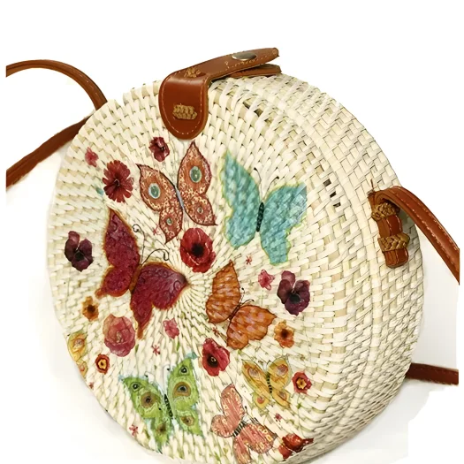 Bali Round Rattan Bag with Decorative Butterfly Motif, 20 cm Diameter, Hand-Painted