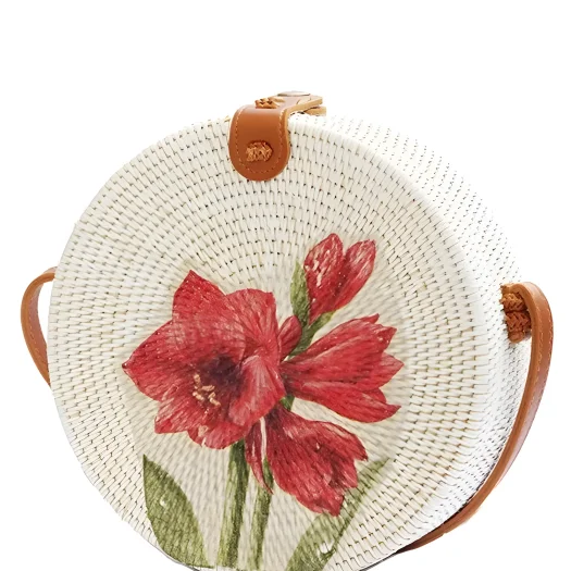 Bali Round Rattan Bag with Hand-Painted Red Tulip Decoupage Design, 20 cm Diameter