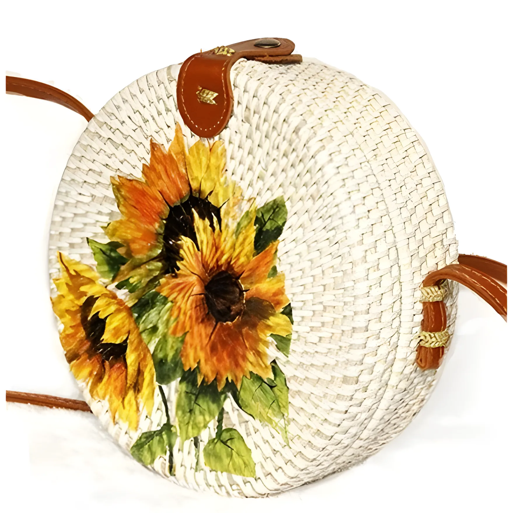 Bali Handcrafted Rattan Bag with Sunflower Design, 20 cm Diameter