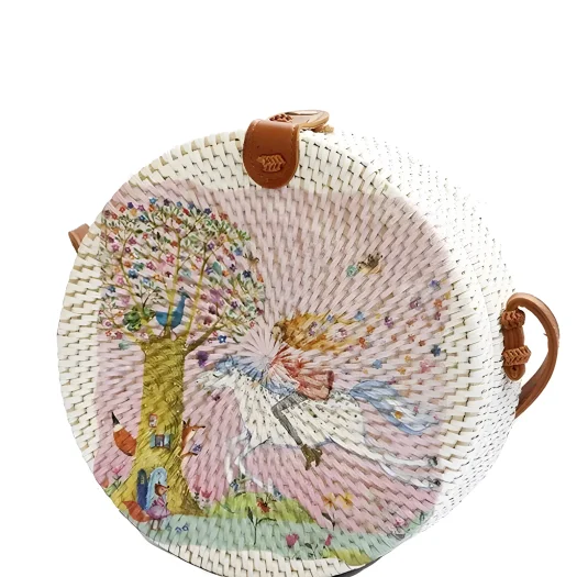 Bali Handcrafted Round Woven Rattan Bag with Artistic Decoupage, Fantasy, 20 cm Diameter