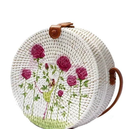 Bali Round Rattan Bag with Hand-Painted Flower Design, Decoupage Art, 20 cm Diameter