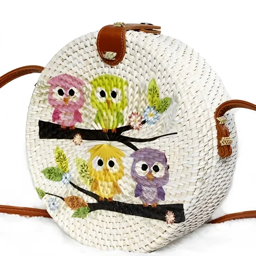 Bali Handcrafted and Hand-Painted Rattan Bag with Owl Art – 20 cm Diameter