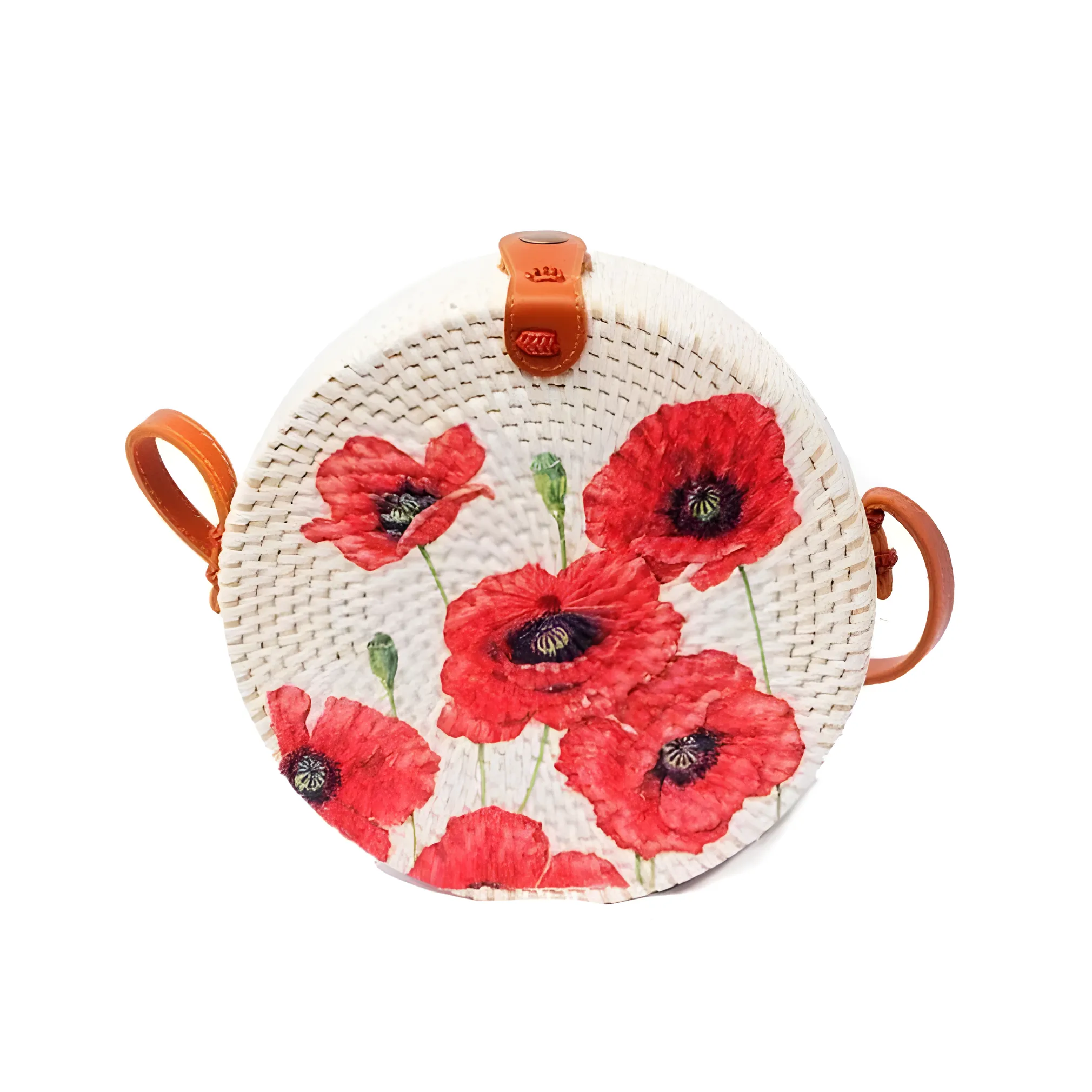 Bali Round Hand-Painted Decoupage Art Rattan Bag with Red Flower Design