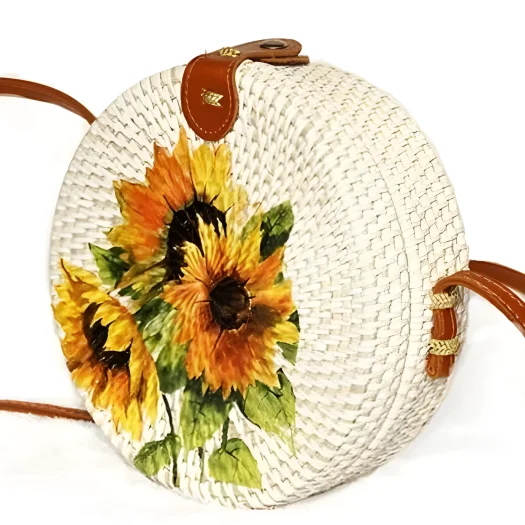 Round Rattan Bag with Decorative Art, Hand-Painted Sunflower Design, 20 cm Diameter