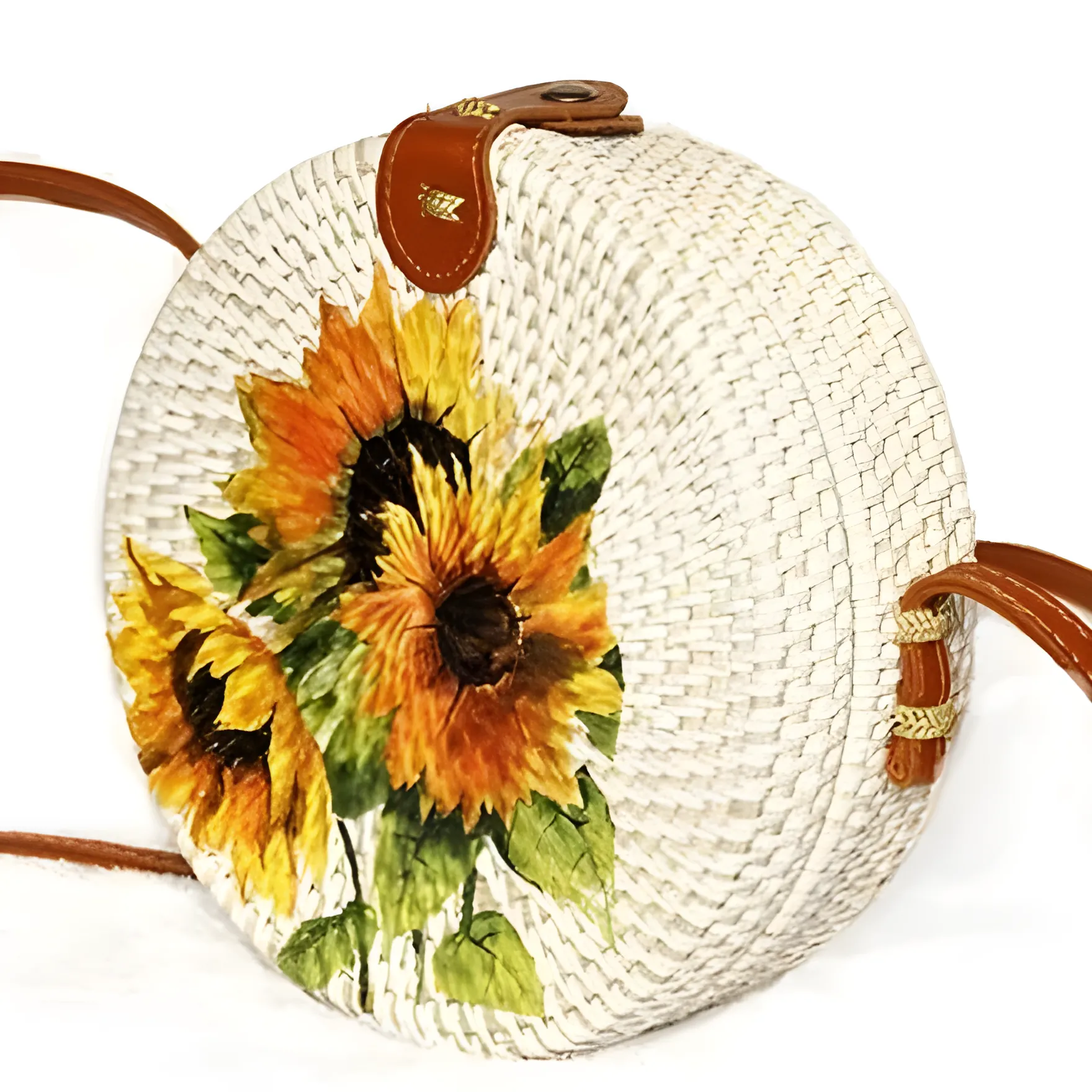 Round Rattan Bag with Decorative Art, Hand-Painted Sunflower Design, 20 cm Diameter