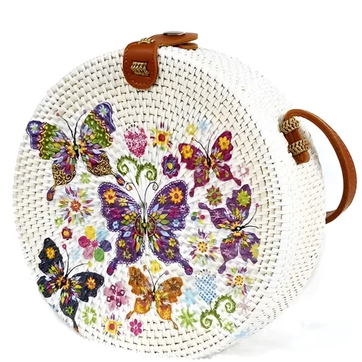 Bali Handmade Round Rattan Bag With Decorative Butterfly Design, 20 cm Diameter