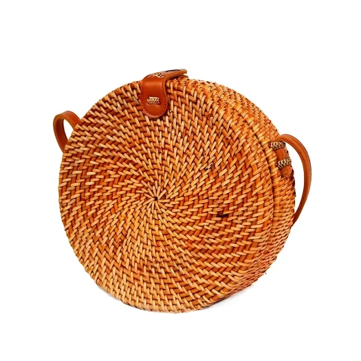 Bali Natural Full Rattan Woven Bag, Brown, 20 cm Diameter