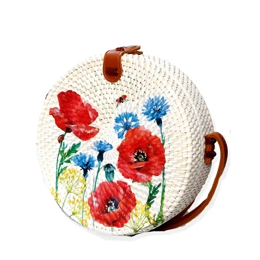 Bali Round Rattan Bag with Sweet Floral Design, Decoupage Art, 20 cm Diameter