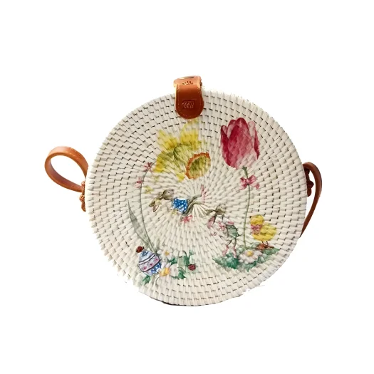 Bali Round Decoupage Art Rattan Bag with Floral Design, 20 cm Diameter