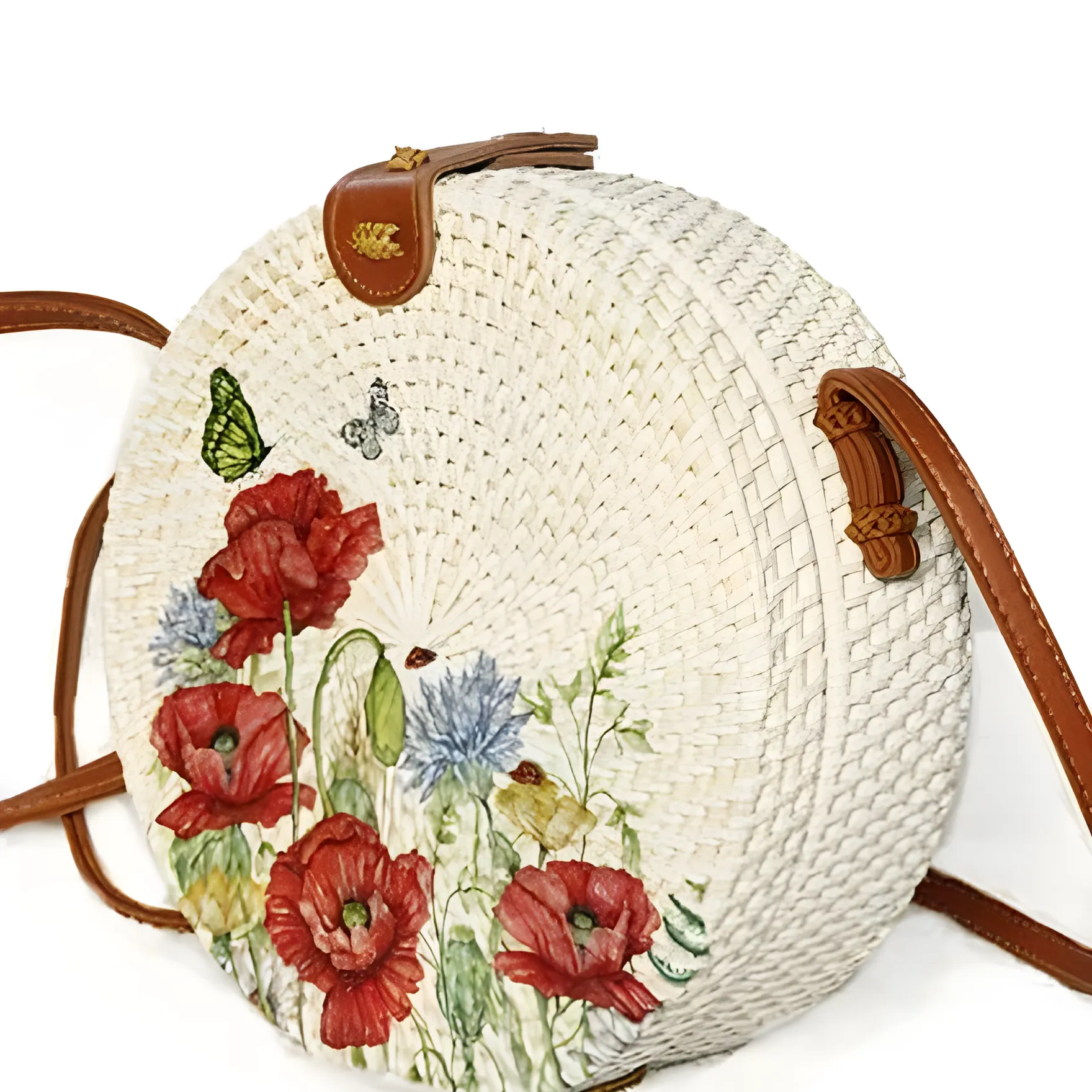 Bali Rattan Bag With Hand-Painted Flower Motif Decoration, 20 cm Diameter