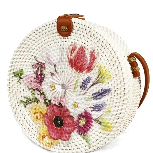 Bali Handcrafted Round Rattan Bag with Decorative Floral Motif, 20 cm Diameter
