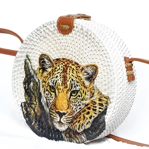 Round Bali Rattan Bag with Hand-Painted Leopard Design, 20 cm Diameter