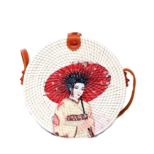 Bali Round Rattan Bag with Hand-Painted Decoupage Japanese Geisha Motif, 20 cm Diameter