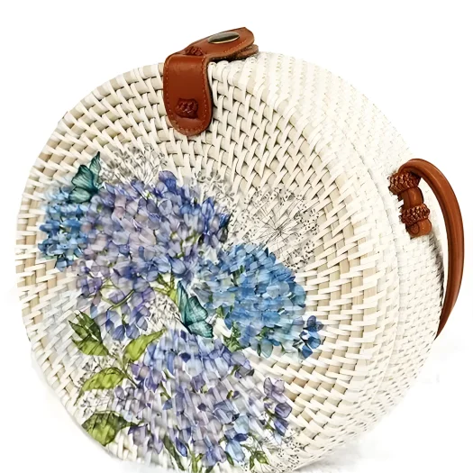 Bali Handcrafted Round Rattan Bag with Flower Motif, 20 cm Diameter
