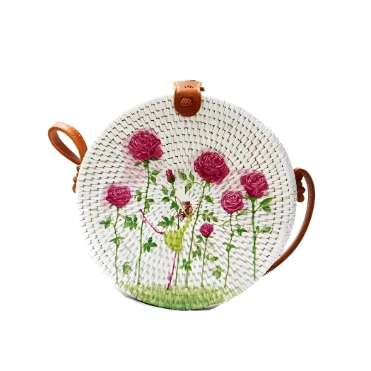 Bali Round Rattan Bag with Hand-Painted Decoupage Flower Design, 20 cm Diameter