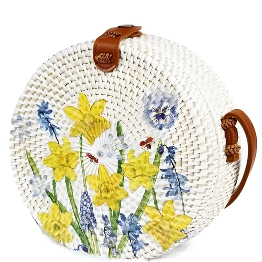 Bali Round Rattan Bag with Decorative Hand-Painted Flower Design, 20 cm Diameter