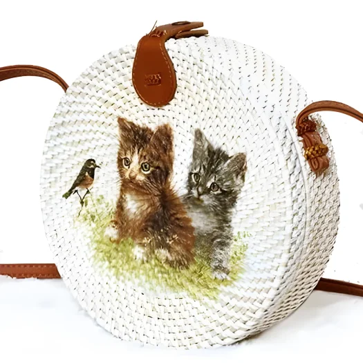 Bali Round Rattan Bag with Hand-Painted Kitten Design, 20cm Diameter