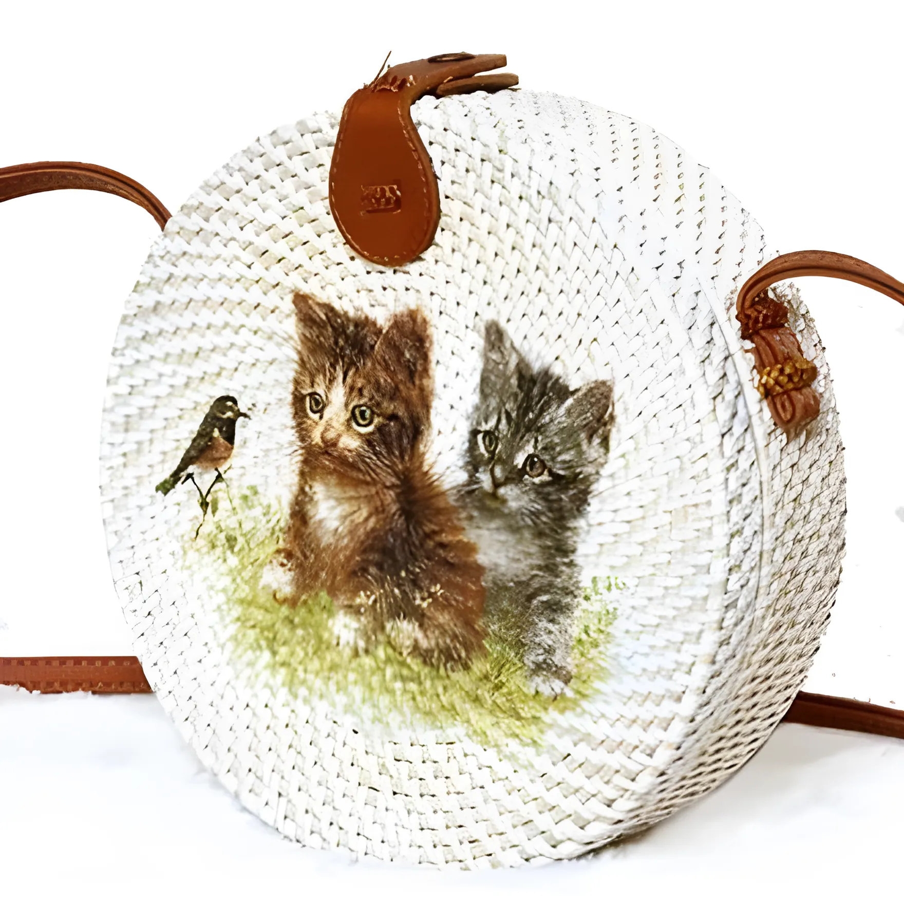 Bali Round Rattan Bag with Hand-Painted Kitten Design, 20cm Diameter