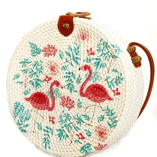 Bali Flamingo Design Hand-Painted Round Rattan Bag, 20 cm Diameter
