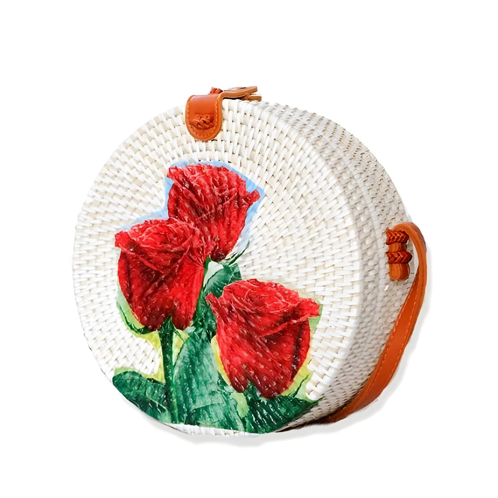 Bali Round Woven Rattan Bag with Beautiful Floral Rose Motif, 20 cm Diameter