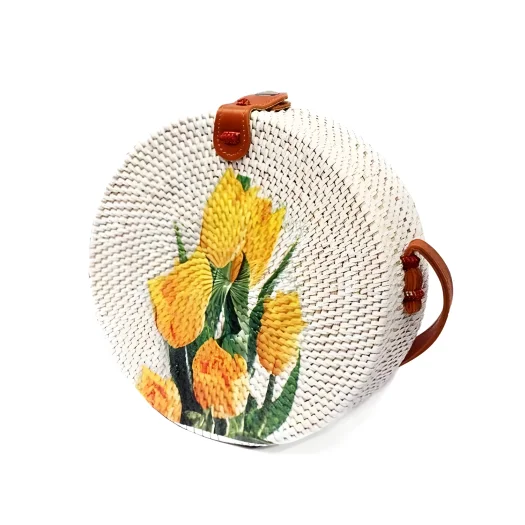 Bali Round Decoupage Art Rattan Bag with Floral Tulip Design