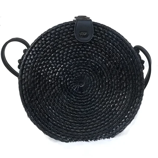 Trendy Bali Round Rattan Bag, Ethnic Style Handbag, Black