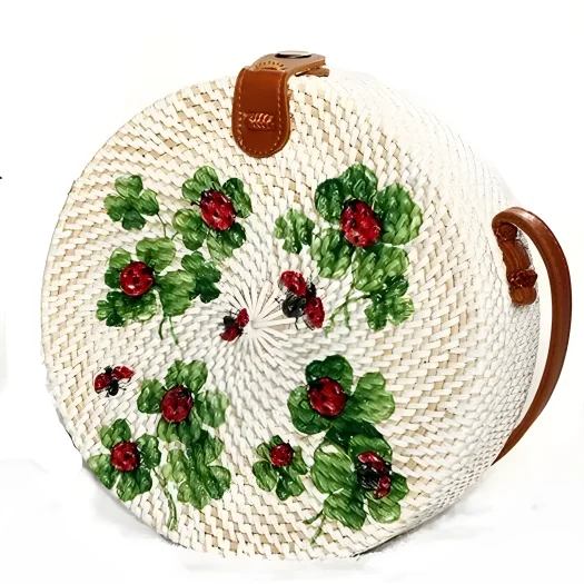 Bali Round Rattan Bag with Hand-Painted Lady Beetle Design, 20 cm Diameter