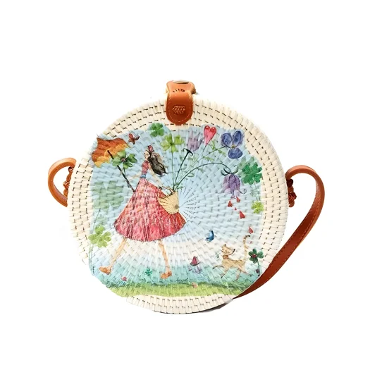Bali Round Rattan Bag with Hand-Painted Fairytale, 20 cm Diameter