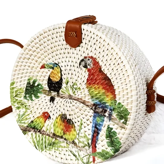 Bali Round Rattan Bag With Hand-Painted Floral And Bird Design, 20 cm Diameter