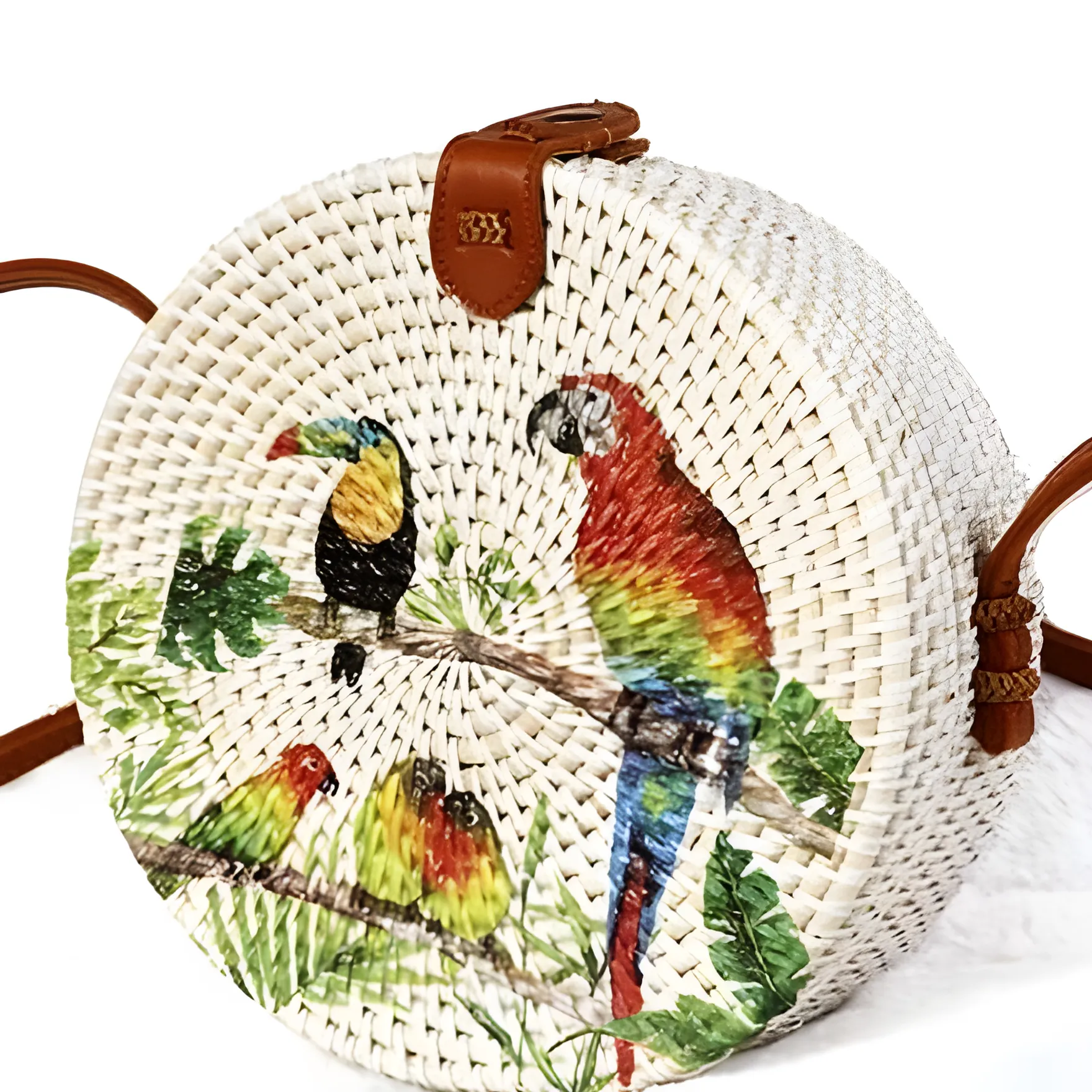 Bali Round Rattan Bag With Hand-Painted Floral And Bird Design, 20 cm Diameter