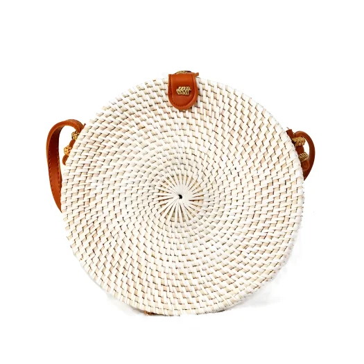 Bali Plain White Round Rattan Bag, Handcrafted Accessory