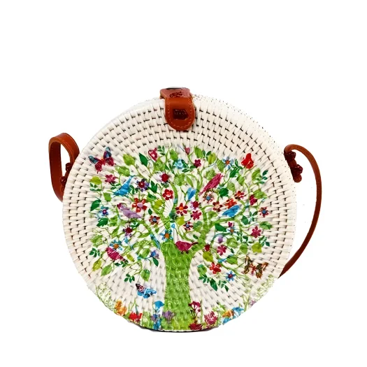 Bali Round Rattan Bag with Decorative Hand-Painted Tree Motif