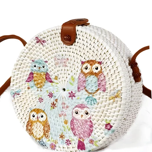 Bali Handwoven Rattan Bag with Decorative Owl Motif, 20 cm Diameter