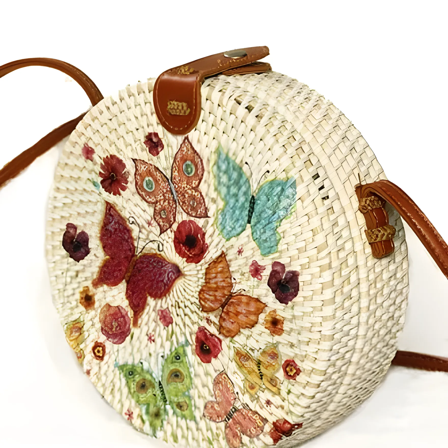 Bali Hand-Painted Butterfly Motif Round Rattan Bag, 20 cm Diameter