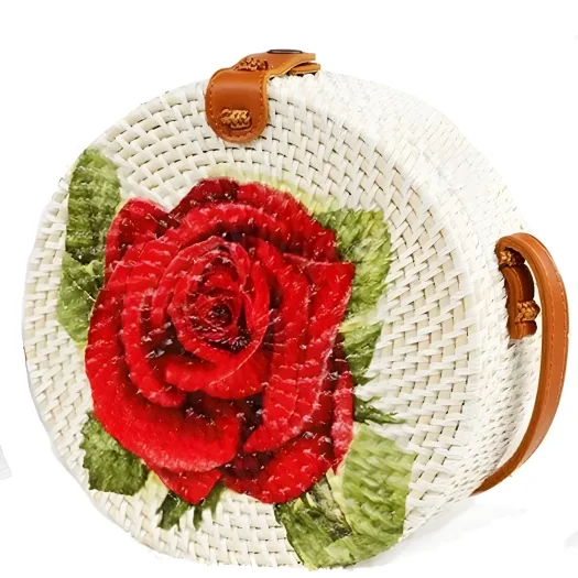 Bali Round Rattan Bag With Hand-Painted Red Rose Design