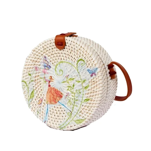 Bali Hand-Painted Round Rattan Bag with Fairy Decoupage Design, 20 cm Diameter